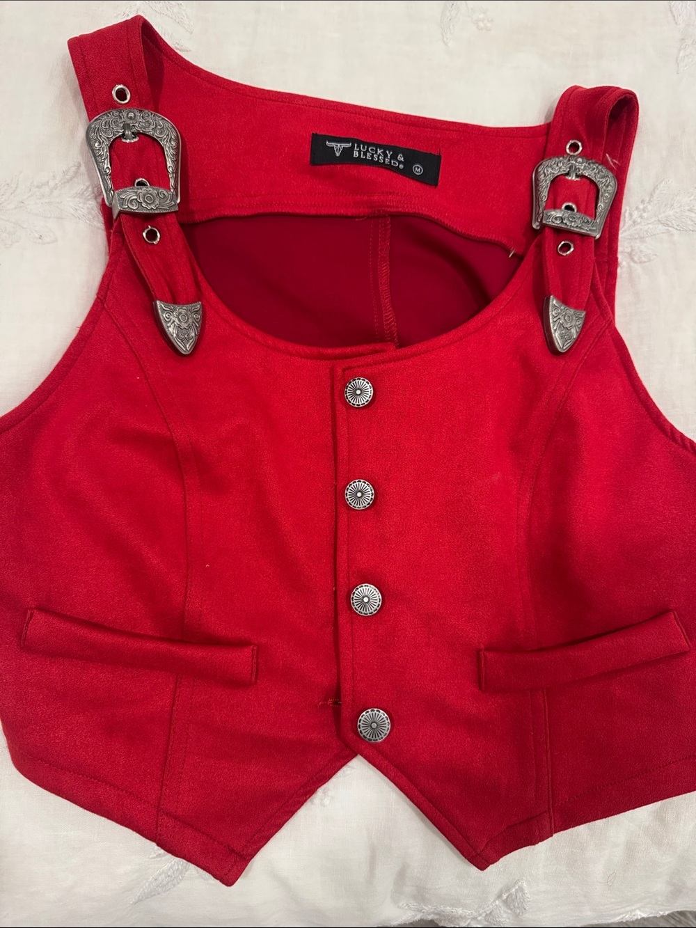 Lucky & Blessed Red Women’s Vest with Western Buckle Suspenders